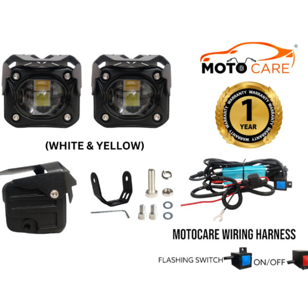 Motocare Fog light with Projector 72W Triple Colour with Wiring Harness Kit, Flasher Switch/ Switch, Relay (with 1 year Warranty)