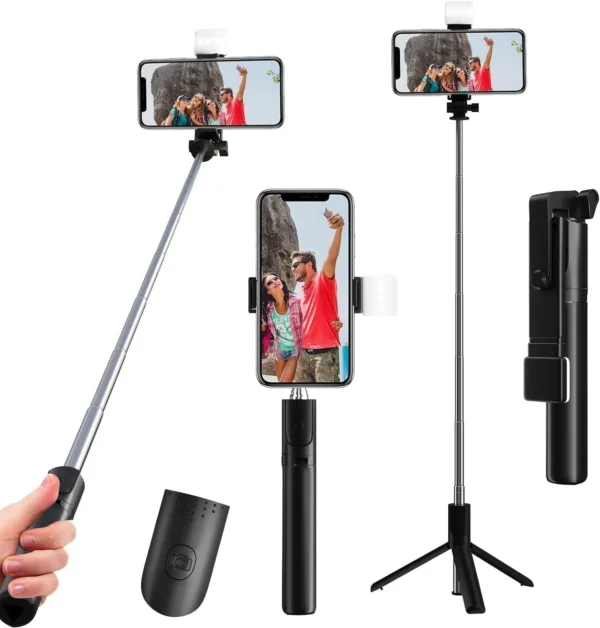 Action ProSelfie Stick with Tripod Stand,3 in1 Multifunctional design, Rechargable LED Light with Two Brighness Levels for Make up, Selfie, Vlogging & Photo Shoot, Selfie stick with Bluetooth Remote