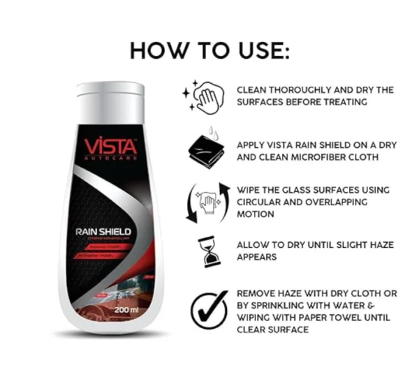 Vista Auto Care Rain Shield 200ml | Rain/Water Repellent Coating for Car Windshields, Window Glasses and Side Rear View Mirrors | Hydrophobic Coating - Image 4