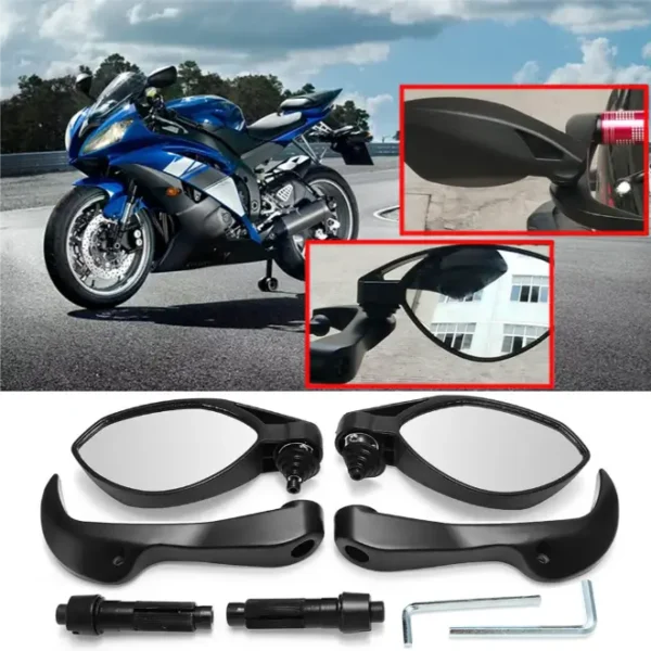 Motorcycle Handle Bar End Rearview Mirrors + Lever Guard